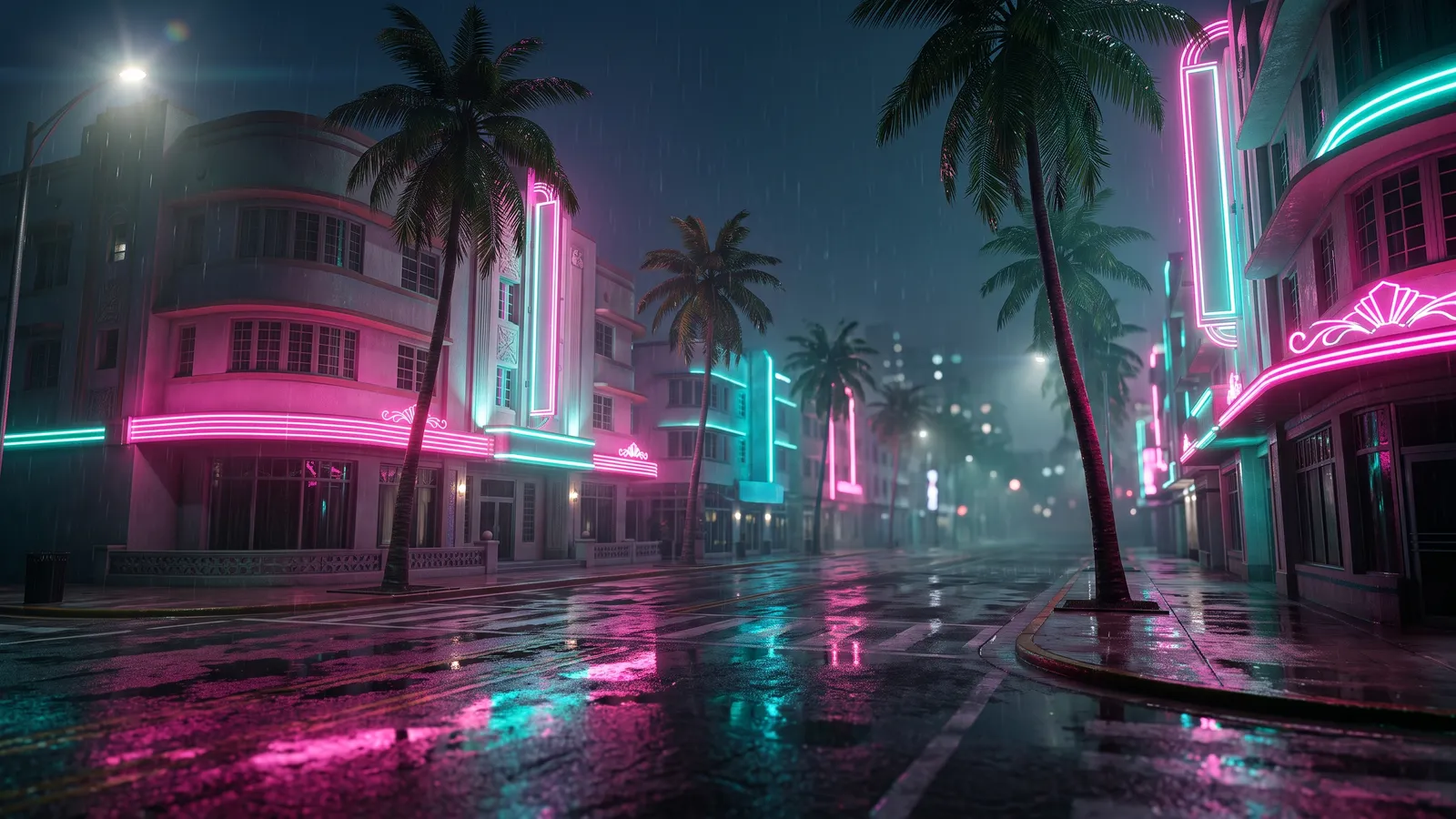 Ilustración de una calle de neón de noche en una ciudad tropical