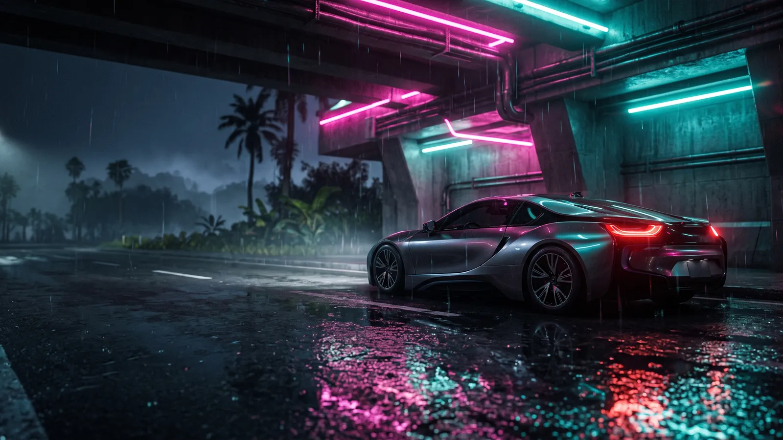 Ilustración de un coche deportivo bajo luces de neón