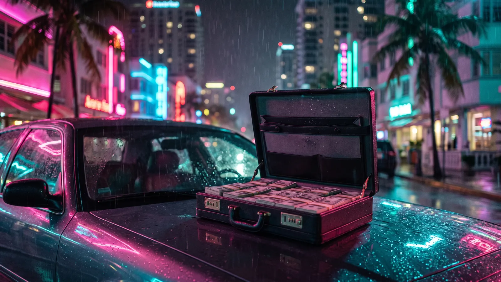 Ilustración de un maletín con billetes sobre un coche bajo luces de neón