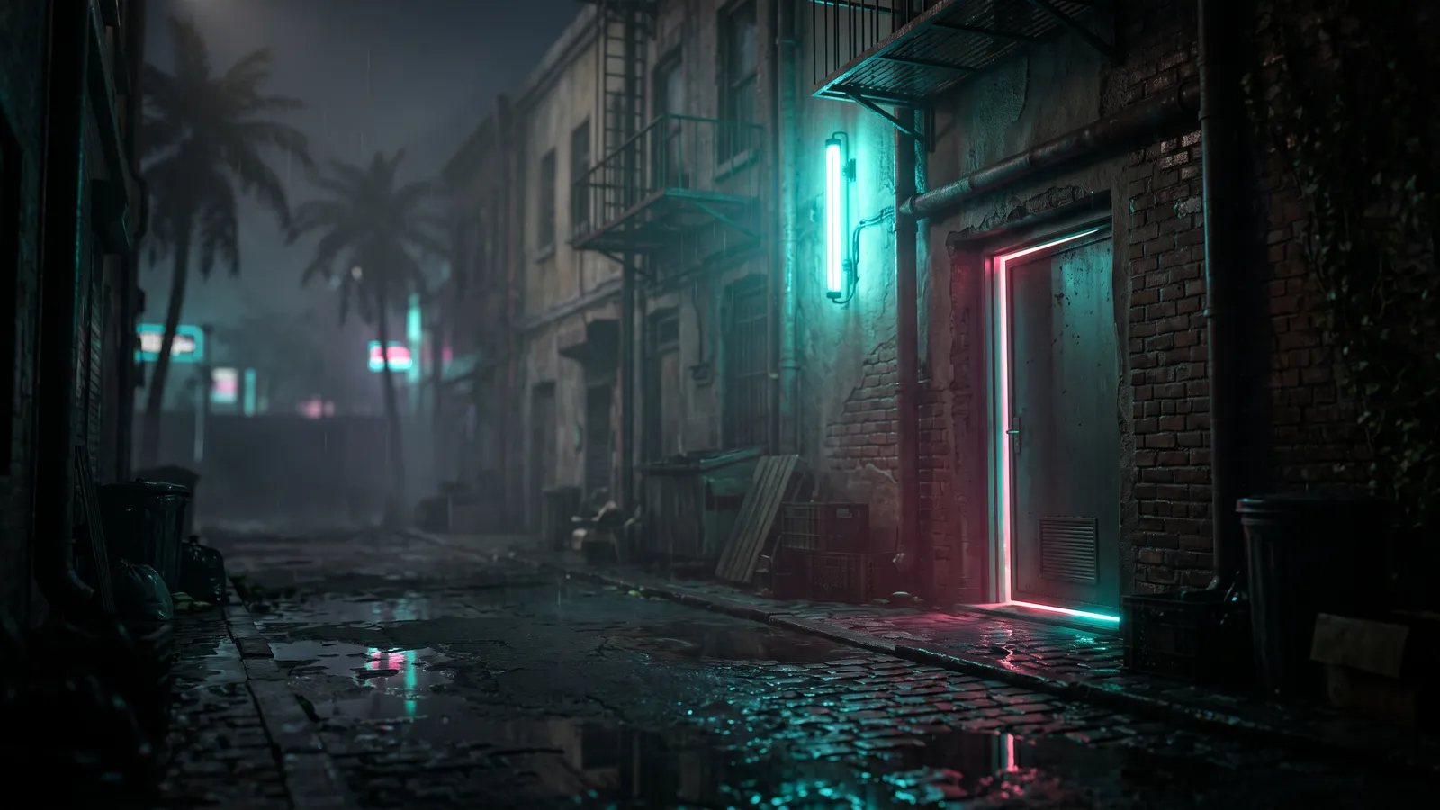 Ilustración de un callejón misterioso con luz de neón