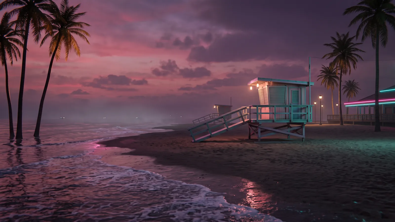 Ilustración de una playa tropical al anochecer