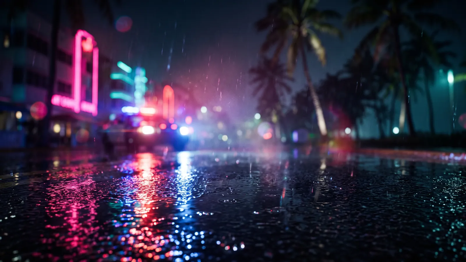 Ilustración de luces de policía reflejadas en una calle mojada