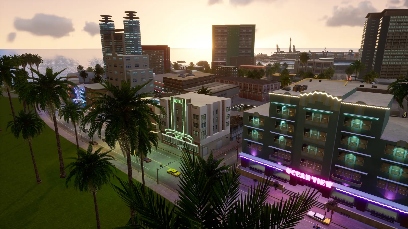 Ocean Drive al atardecer en GTA Vice City, Definitive Edition