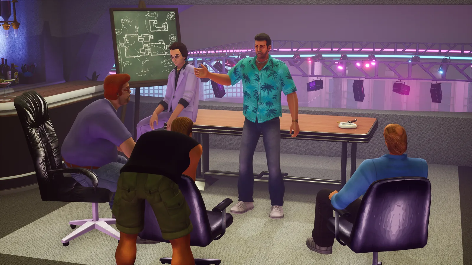 Tommy Vercetti reunido con su banda en GTA Vice City, Definitive Edition