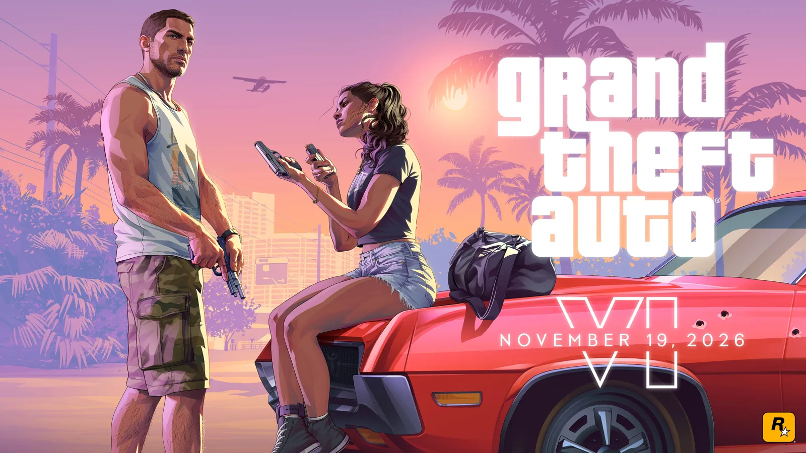 Imagen promocional oficial de GTA VI con Jason y Lucía en Vice City